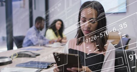 Poster - Animation of graphs, loading circles, changing numbers, biracial woman scrolling on digital tablet