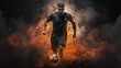 © StasySin - a soccer player in a blue sports uniform is kicking the ball with dark blue background with blue smoke