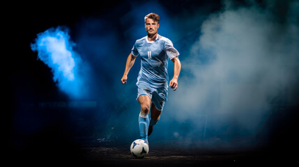 a soccer player in a blue sports uniform is kicking the ball with dark blue background with blue smoke