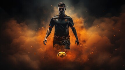 a soccer player in a black sports uniform is kicking the ball with dark blue background with blue smoke