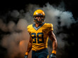 © StasySin - dynamic banner portrait of American football sportsman player in yellow uniform on black background with smoke