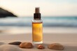 face care serum in glass bottle on sea sand