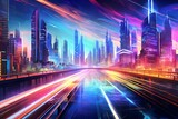 Fototapeta Perspektywa 3d - Dynamic cityscape with vibrant light trails and glossy neon gradients. Generative AI