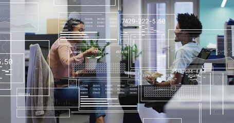 Poster - Animation of graphs, changing numbers, loading circles, diverse coworkers discussing in lunch break