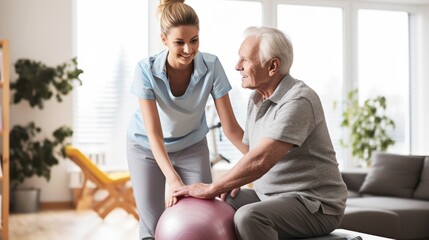 Physical therapist helpful senior patients to exercise