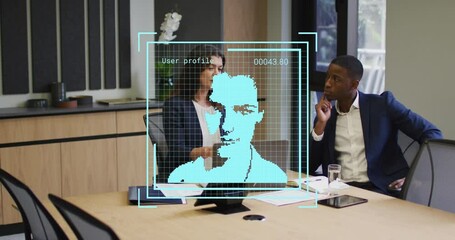 Poster - Animation of digital profile picture over diverse coworkers discussing reports on laptop in office