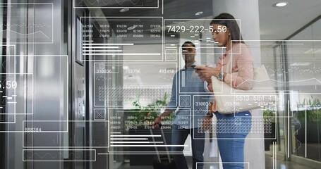 Poster - Animation of graphs, loading circles and changing numbers, diverse people waiting for elevator