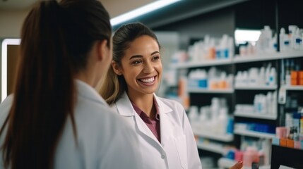 Pharmacist suggestion to customer about drugs at pharmacy store