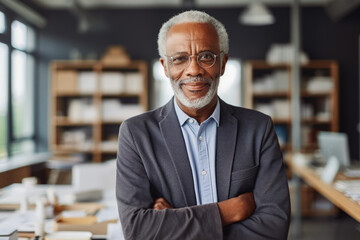 Senior black business man smiling at the camera. Portrait of confident happy older man in a suit smiling at camera. Business concept, men at work.