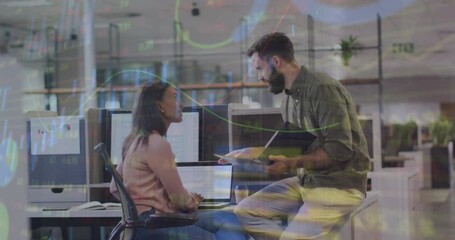Poster - Animation of graphs, trading board and loading circles over diverse coworkers discussing on desk
