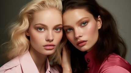 Beauty Shot Two Models Is Wearing Bright Pink Lipstick