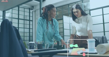 Poster - Animation of multiple icons over diverse female architects discussing floor plan and shaking hands
