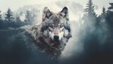 double exposure, portrait of a wolf against the background of a foggy coniferous forest. Generative AI