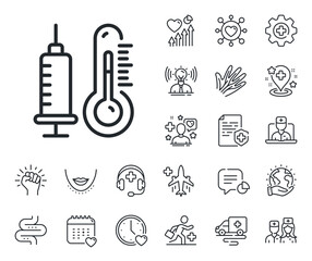 Poster - Temperature diagnostic sign. Online doctor, patient and medicine outline icons. Thermometer with vaccine line icon. Fever measuring symbol. Thermometer line sign. Vector