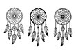 Set of dream catcher designs. Tribal indian symbol. Ethnic vector illustration. Dreamcatchers silhouette. Boho style print. Outline sign threads, beads and feathers. Native american design.
