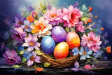 Fototapeta Tulipany - Illustration of watercolor Easter eggs in flowers, fantasy painting in pastel colors