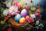 Fototapeta Tulipany - Illustration of watercolor Easter eggs in flowers, fantasy painting in pastel colors