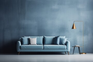 Wall Mural - Modern living room interior with blue sofa, minimalist side table, and elegant floor lamp against a textured blue wall. Copy space for your artwork, picture, poster.