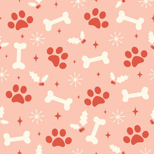 Cute Christmas Seamless Vector Pattern Background Illustration With Red Paw Prints, Bones, Stars, Mistletoe And Snowflakes