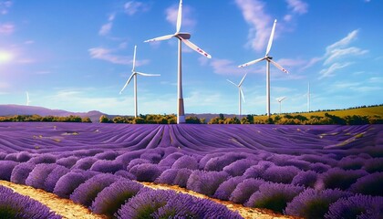 Wall Mural - lavender field at sunset in wind power station