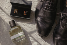 Details Of Grooms Getting Ready: Leather Shoes, Parfum And Cufflinks