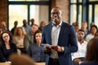 Black Male Business Person Speaking Corporate Background Generative AI