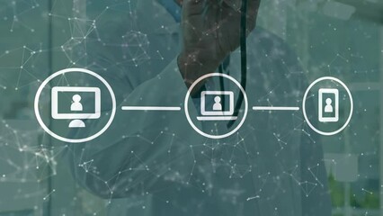 Poster - Animation of flowchart and connected dots over caucasian man using stethoscope on camera