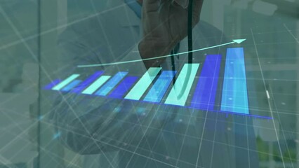 Poster - Animation of arrow on growing bar graph over caucasian doctor using stethoscope on camera