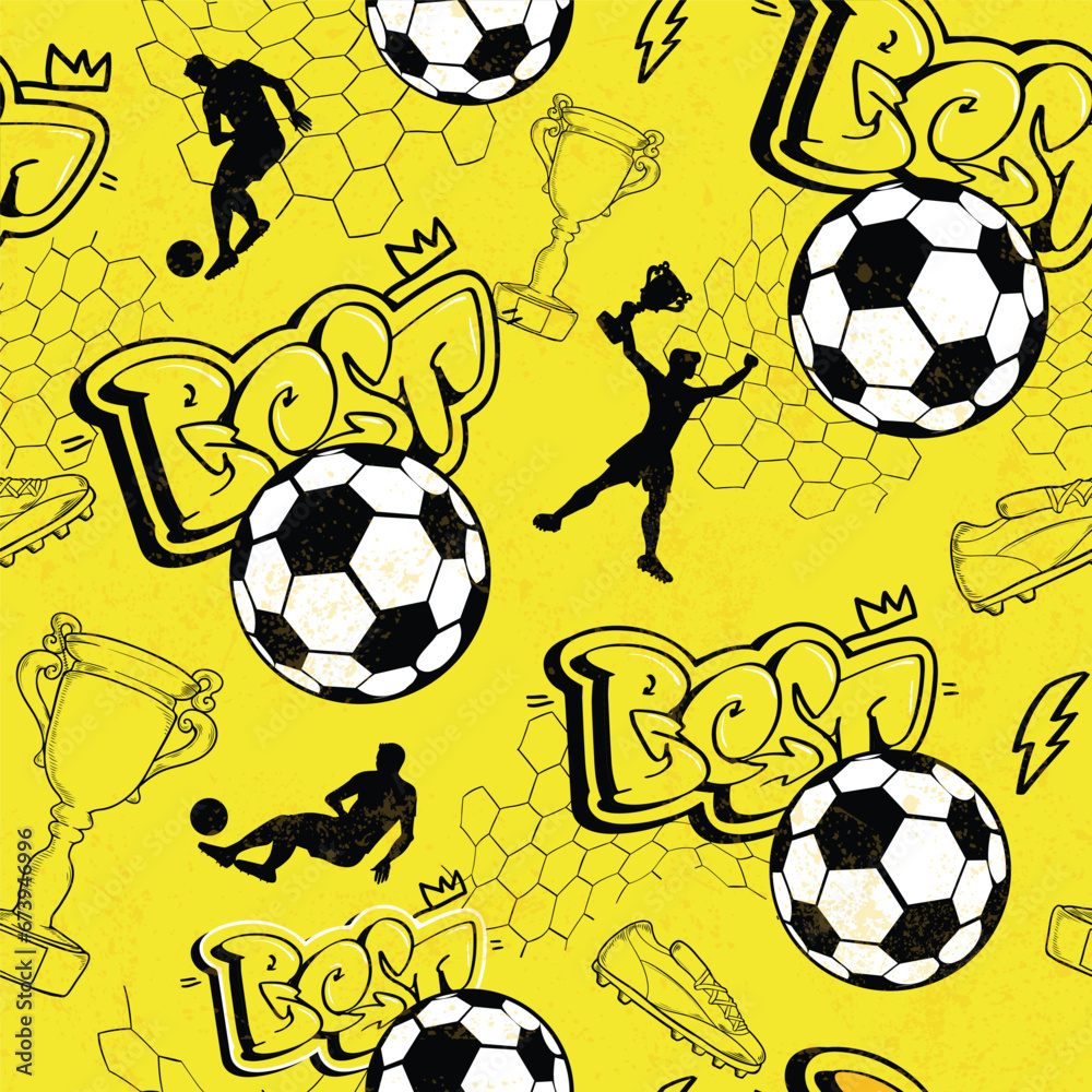 Abstract seamless football pattern on yellow background with street art ...