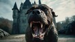 AI generated illustration of a cane corso dog with its mouth open with a castle in the background