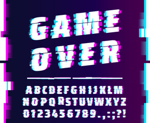 Leinwandbilder - Glitch effect font, futuristic cyber type, display screen failure typeface, digital noise dynamic english alphabet. Vector typography, distorted letters and numbers font for cyberpunk and space game