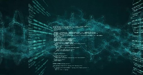 Poster - Animation of computer language and circles around dna helix over black background