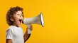 © orendesain99 - Portrait of boy holding megaphone on yellow background. AI generated