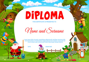 Poster - Kids diploma with cartoon fairytale funny gnomes, vector education certificate. Little dwarfs and magic gnomes in fairy tale forest village for school or kindergarten diploma award background