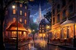 Illustration of a lively, nocturnal cityscape with charming cafes. Generative AI