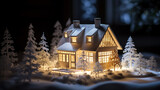 Fototapeta  - Makieta domku w śnieżnej scenerii, jasno oświetlony noc w tle.