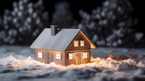 Fototapeta  - Makieta domku w śnieżnej scenerii, jasno oświetlony noc w tle.