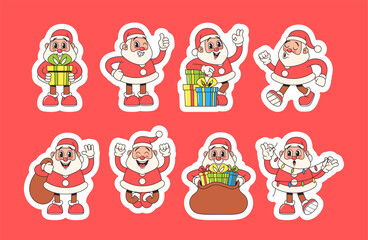 Wall Mural - Set of Stickers Retro-style Santa Claus Characters with Colorful Gifts, Exude Timeless Holiday Charm, Patches Bundle