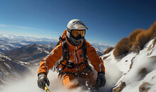 A skier in orange gear carves through fresh snow with ski poles in hand, surrounded by a breathtaking mountainous panorama.