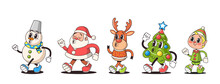 Retro-style Christmas Characters Feature Vibrant Colors, Classic Attire, And Timeless Charm. Jolly Santa, Reindeer, Tree