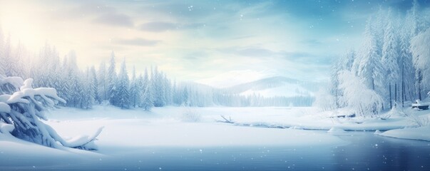 Wall Mural - Christmas. A panoramic view of the covered with frost trees in the snowdrifts. Magical winter forest Generative ai