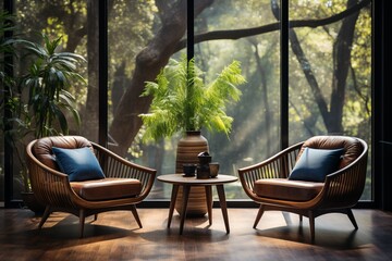 Against a paneling wall and curtain, there are two barrel chairs and a round wooden coffee table near a window. Mid-century home interior design of a modern living room