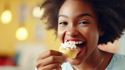 young beautiful african woman eating a cake with cream closeup