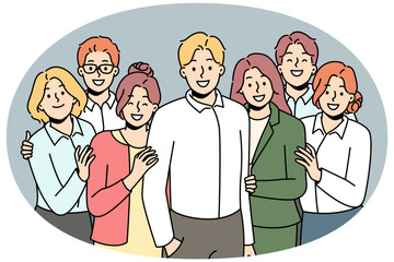 Wall Mural - Smiling employees posing together with male leader or boss. Happy work team stand together show unity and support. Teamwork and cooperation. Vector illustration.