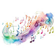 Abstract Music notes, rainbow colors in a watercolor paint splash, isolated on transparent background. 