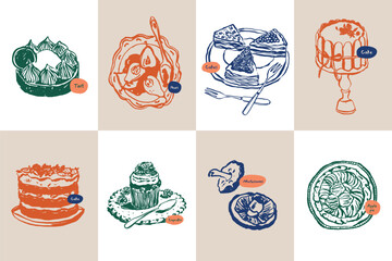 Minimalist hand drawn food and drink vector illustration collection. Art for postcards, branding, logo design, background.