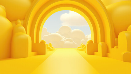 Poster - vibrant gateway in the sky with fluffy clouds, cartoon arch