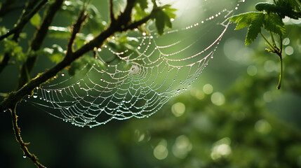 Wall Mural - Close-Up: Dew Drops on Spider web with Vibrant Green background