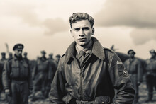 Portrait Of A World War Two Fighter Pilot With Other Pilots In The Background, Black And White Film Style 