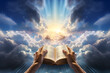 open sacred book against a backdrop of heavenly light and clouds